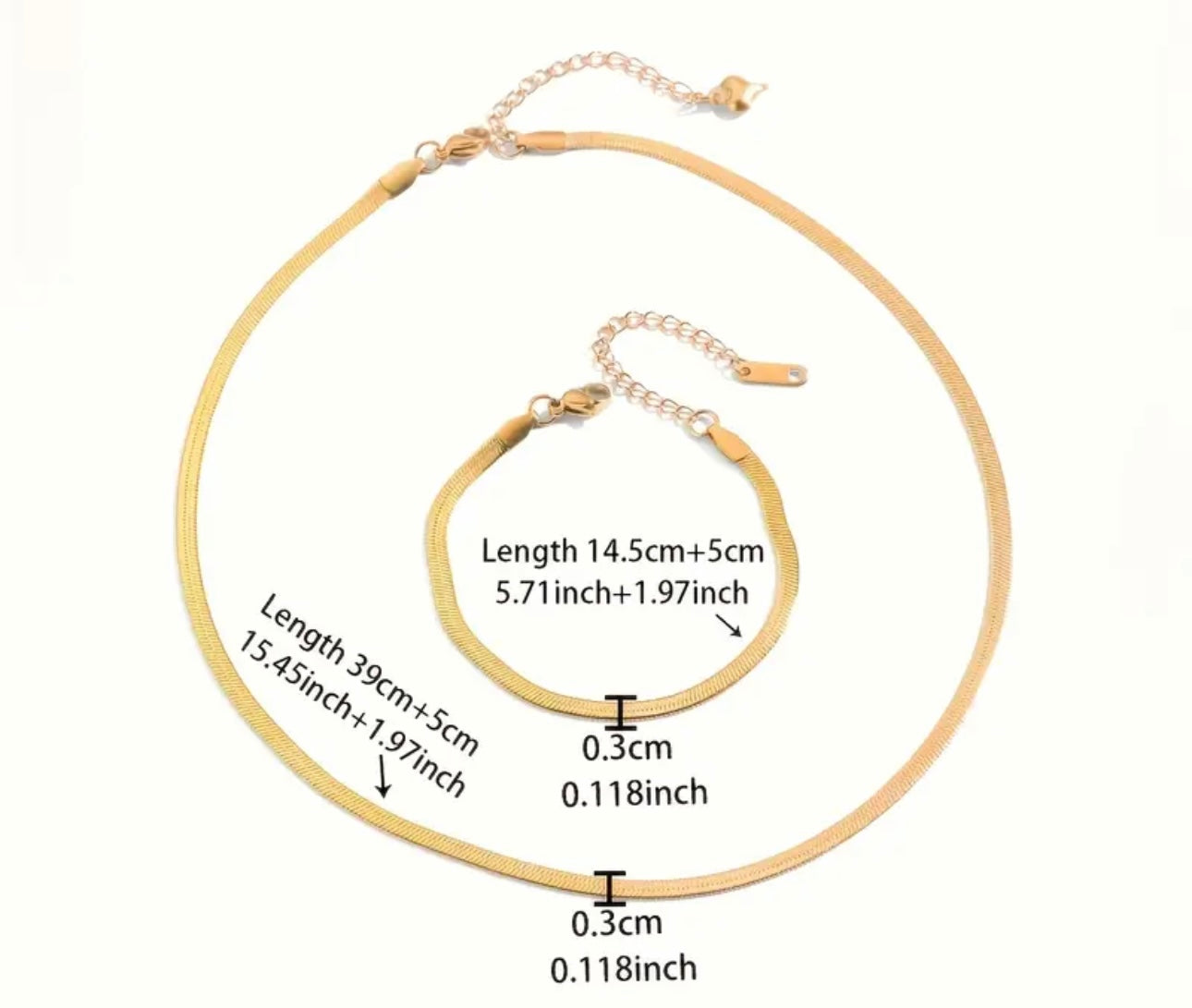 18K Gold Plated Snake chain bracelet and necklace combo in a Jewelry Box