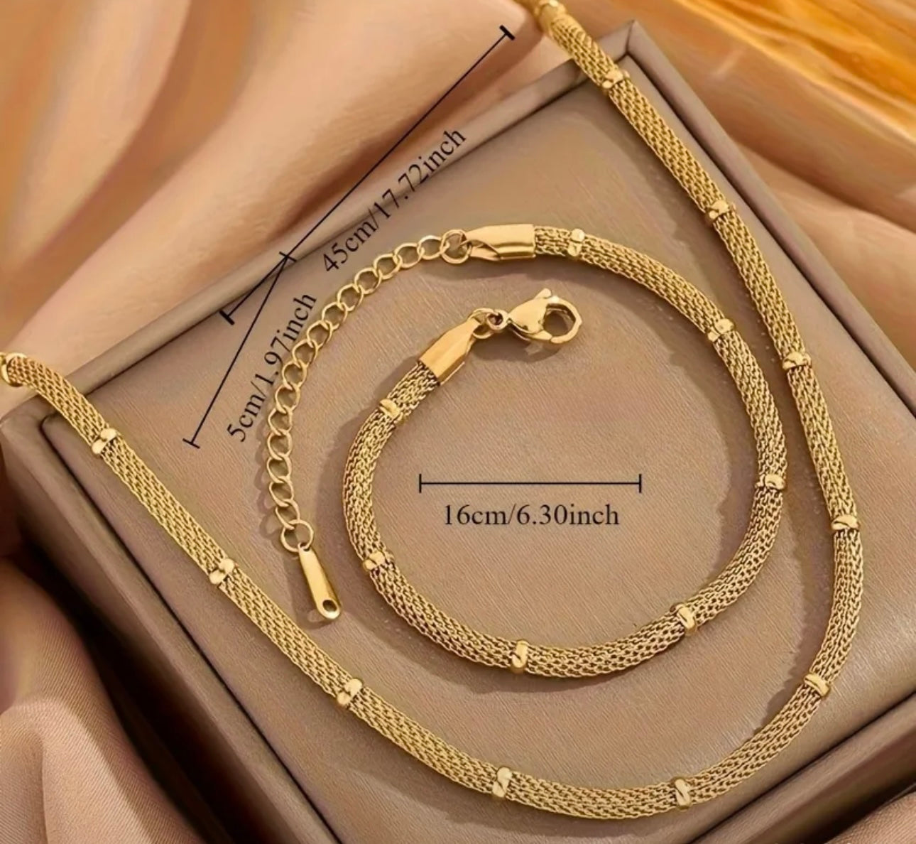 18K Gold Plated Mesh Round French Style Bracelet and Necklace set
