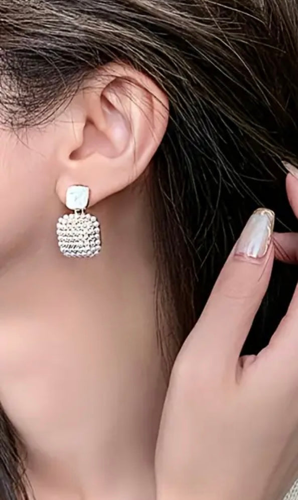 18K Gold Plated White Pearl Square Drop Earrings