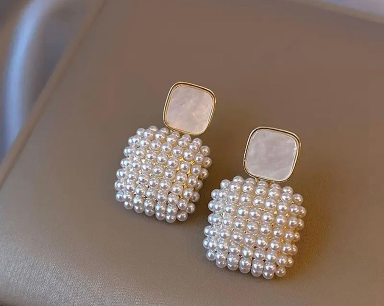 18K Gold Plated White Pearl Square Drop Earrings