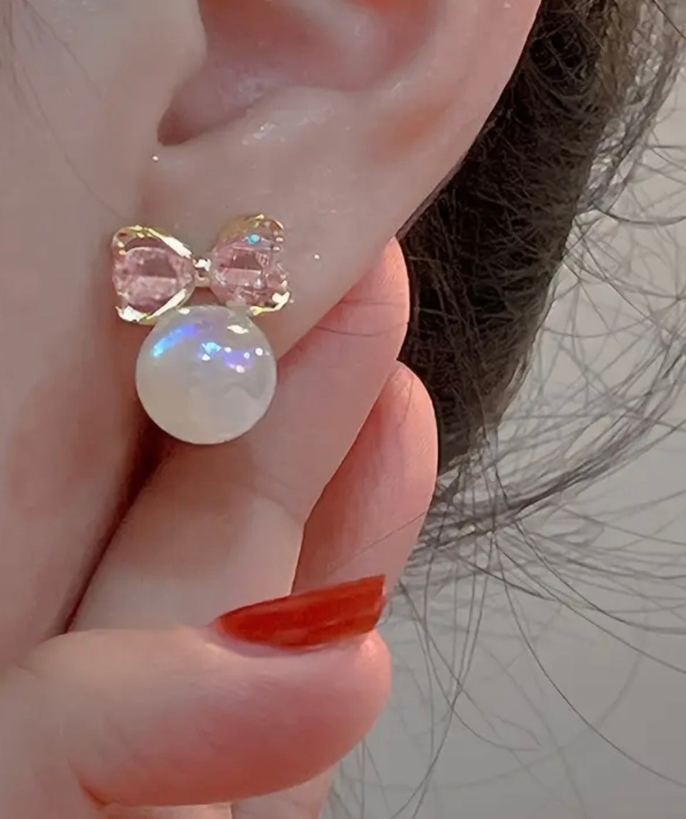 Gold Plated Bowknot Pearl Stud Earrings