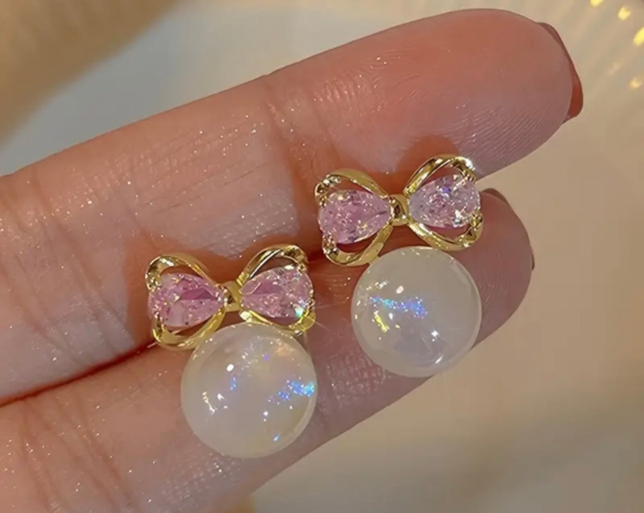 Gold Plated Bowknot Pearl Stud Earrings