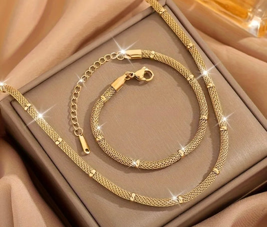 18K Gold Plated Mesh Round French Style Bracelet and Necklace set