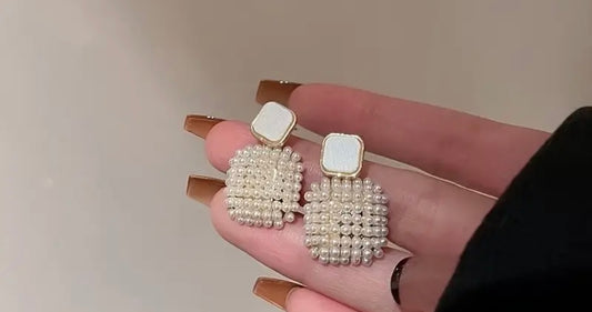 18K Gold Plated White Pearl Square Drop Earrings