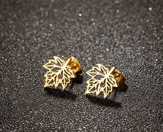 18K Gold Plated Maple Leaf Stud Earrings